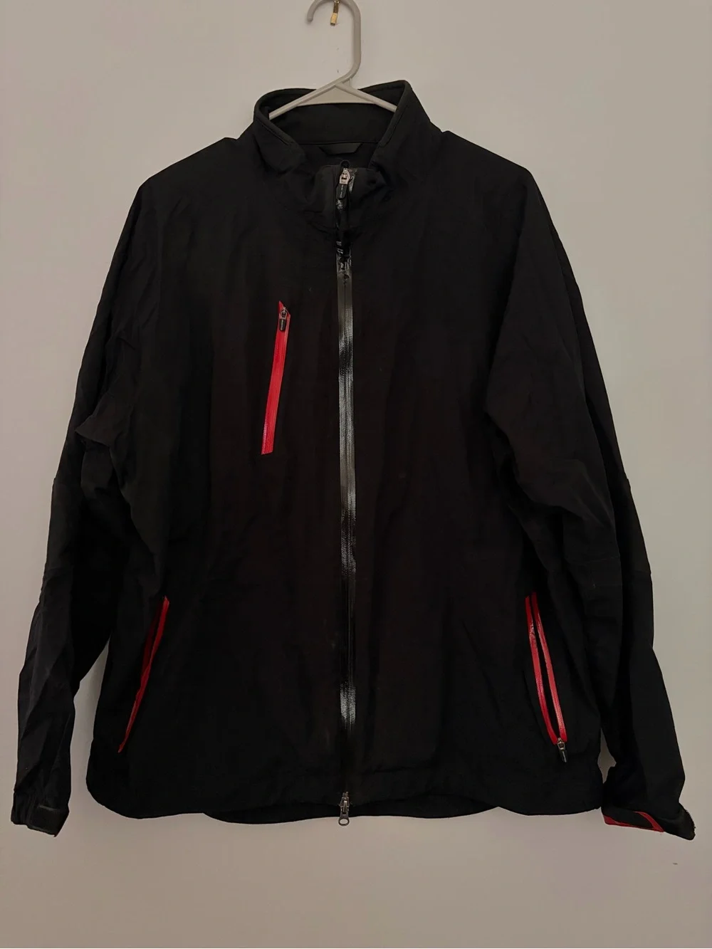 Men's Black Windbreaker Jacket with Red Zip Accents